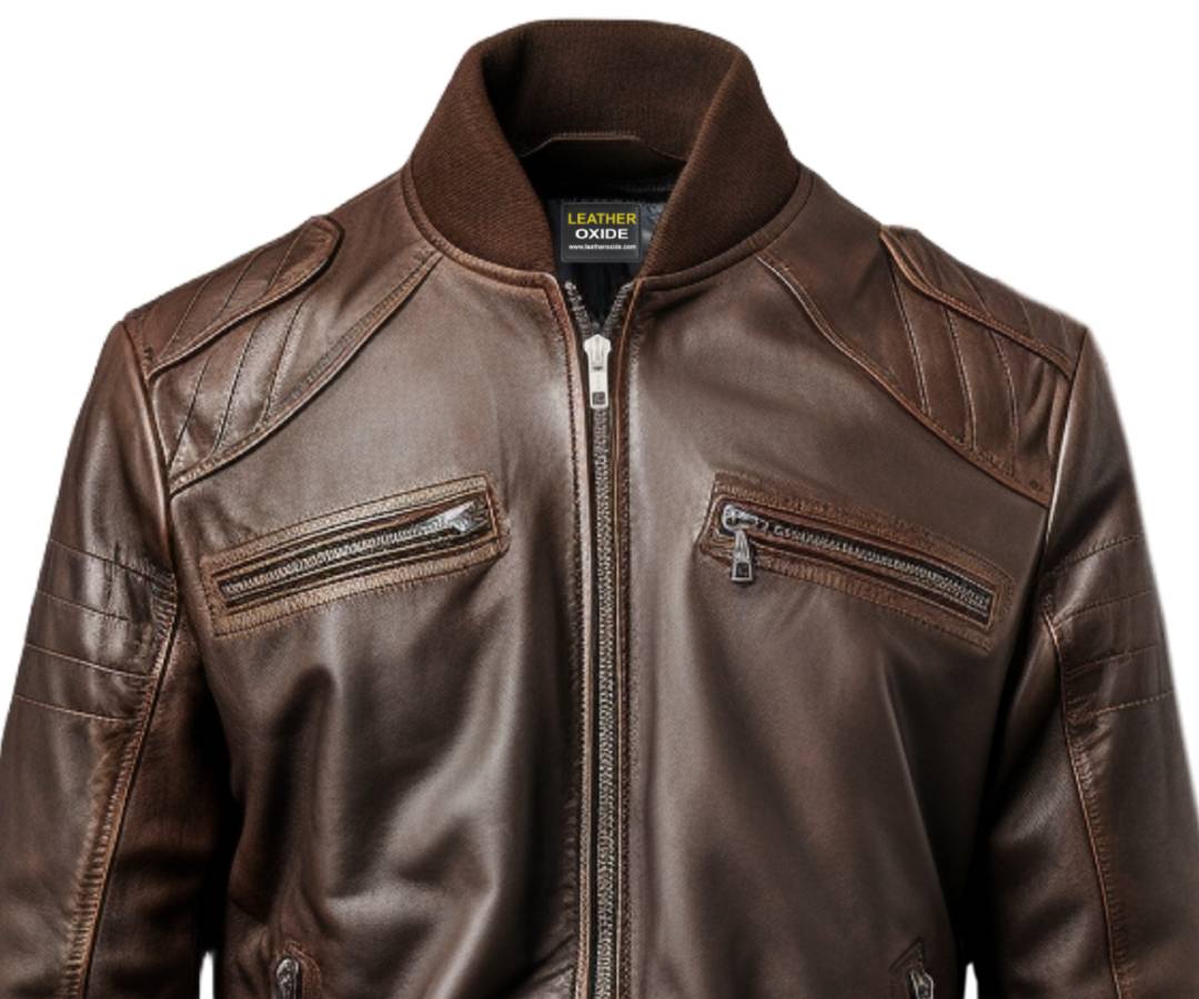 Men Dark Brown Leather Bomber Jacket Brown Bomber Leather Jacket