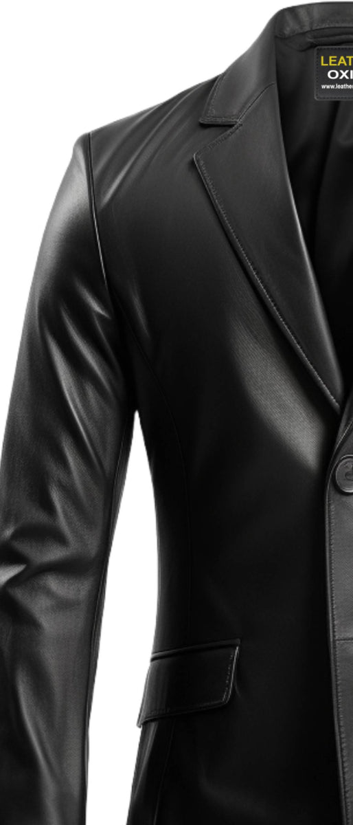 Mens Black Blazer - Men's Two Button Peak Lapel Vegan Leather Blazer in Black main image 1