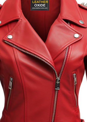 Purchase Women Studs Red Leather Jacket