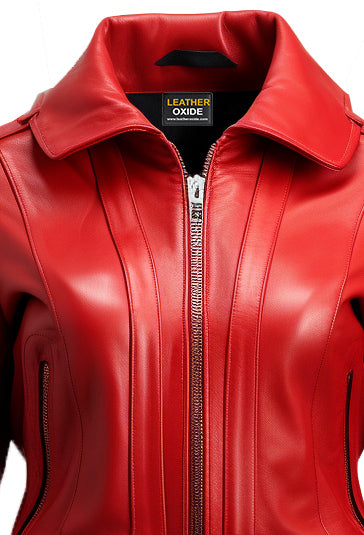 Buy Women Red Bomber Leather Jacket