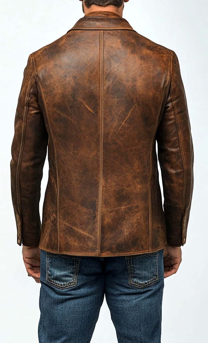 Men Premium Brown Distressed Leather Blazer - Brown Leather Jacket