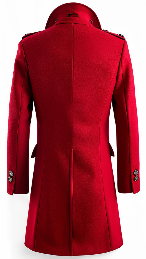 Elegant Men Red Wool Long Coat With A Stylish Design.