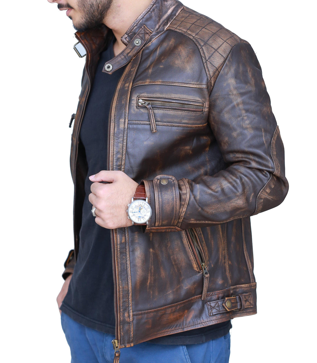Stylish Diamond Classic Leather Jacket - Distressed Rub off Brown