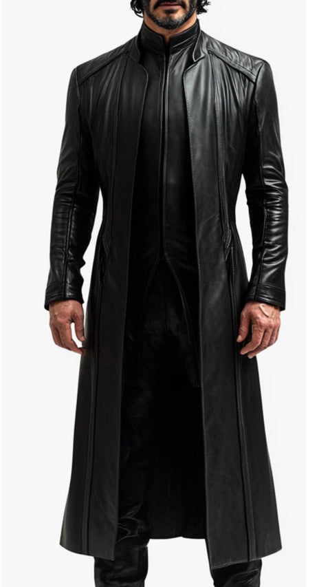 Albert Leather Black Long Coat - Men Long Coat Black