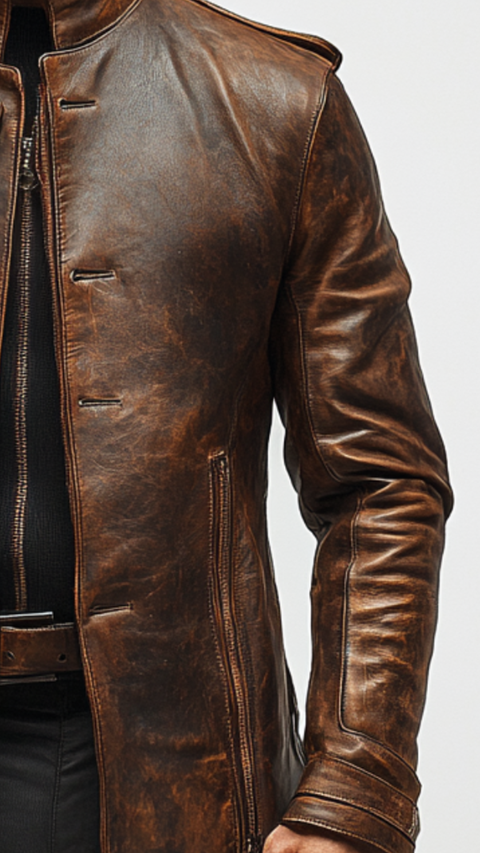Alex Leather Brown Long Coat - Men Long Coat Brown