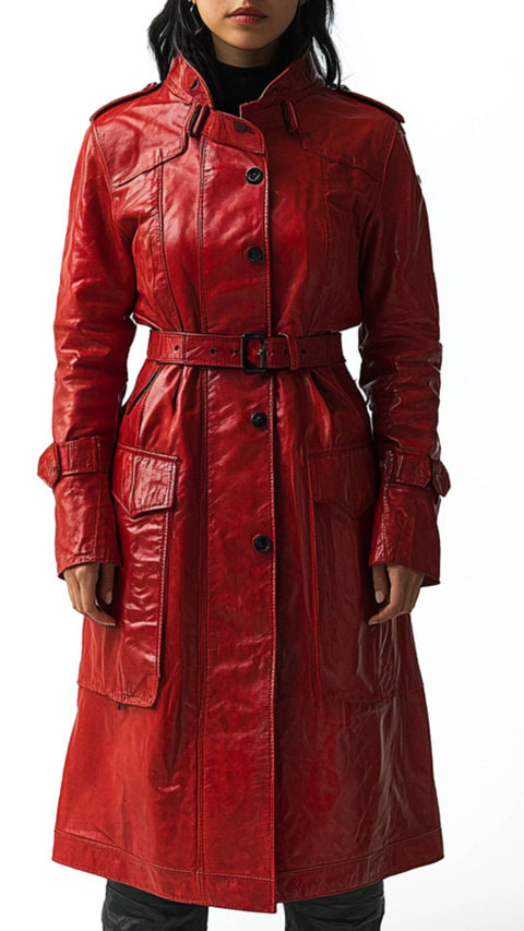 Arabella Leather Red Long Coat - Women Long Coat Red