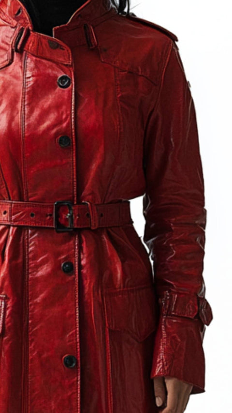 Arabella Leather Red Long Coat - Women Long Coat Red