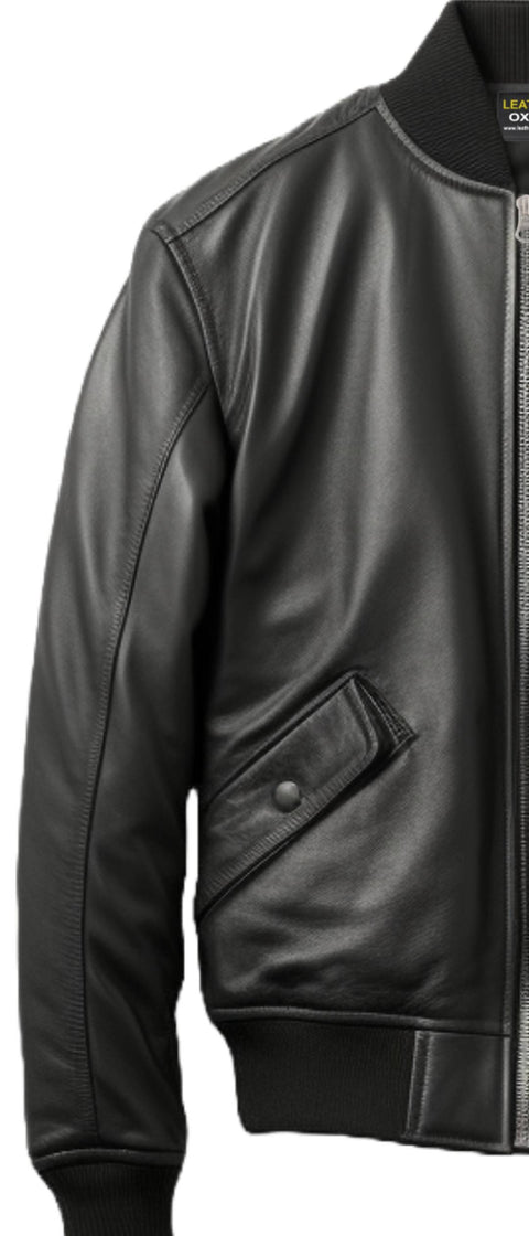 Black Bomber Leather Jacket Men - Black Leather Jacket