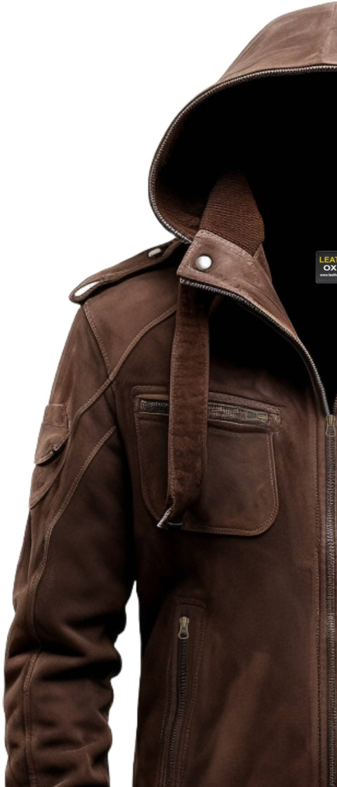 Brown Slim fit Suede Hooded Leather Jacket