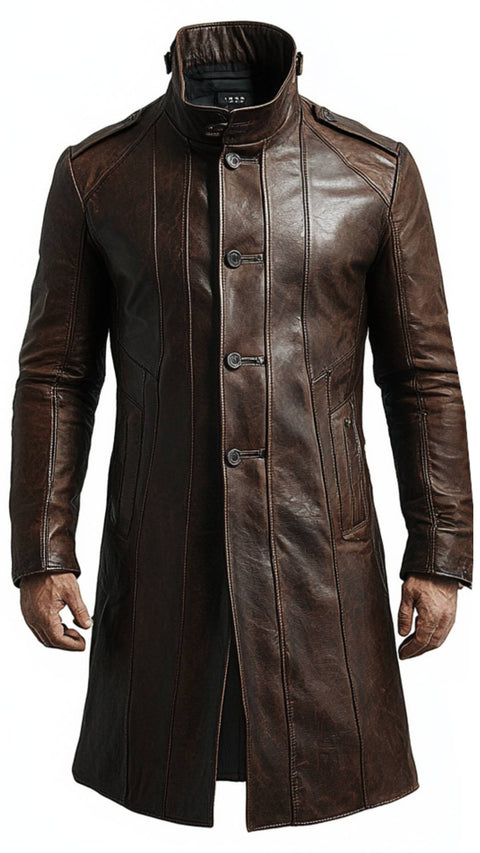 Chester Leather Brown Long Coat - Men Long Coat Brown