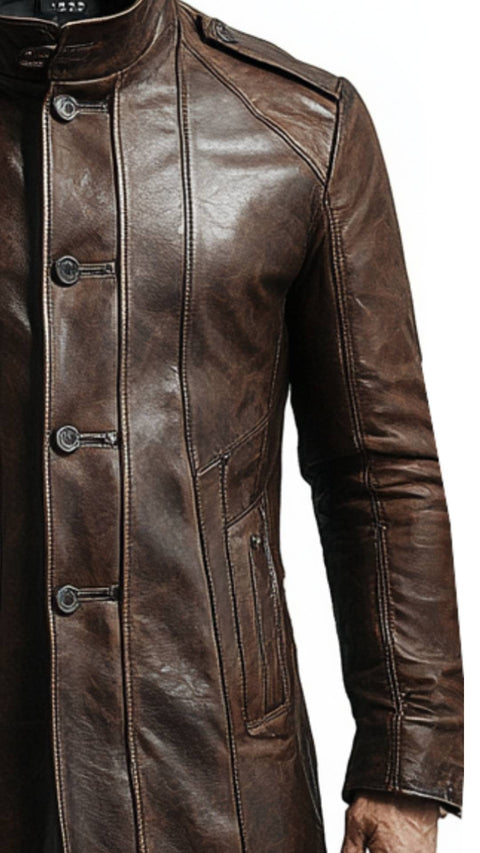 Chester Leather Brown Long Coat - Men Long Coat Brown