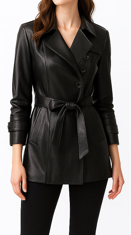 Elegant Black Leather Coat for Women