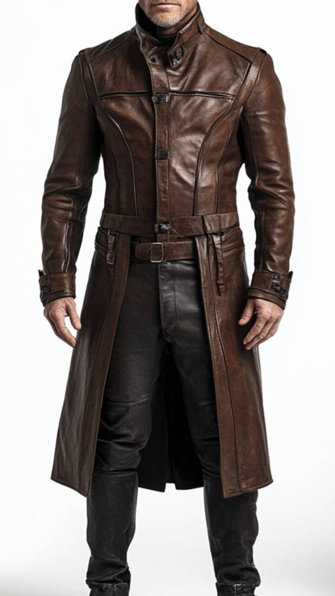 Eli Leather Brown Long Coat - Men Long Coat Brown