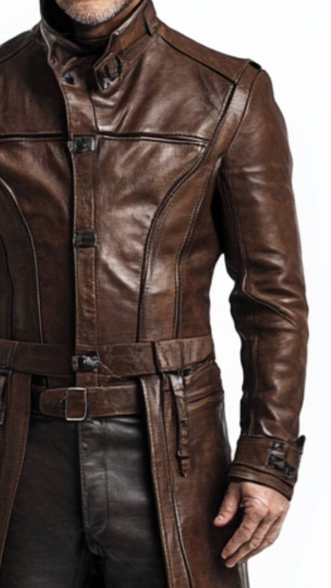 Eli Leather Brown Long Coat - Men Long Coat Brown