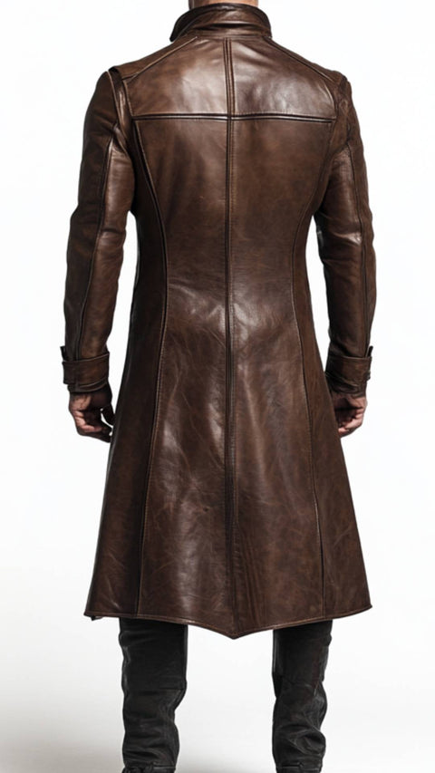 Eli Leather Brown Long Coat - Men Long Coat Brown