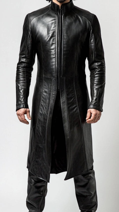 Elias Leather Black Long Coat - Men Long Coat Black