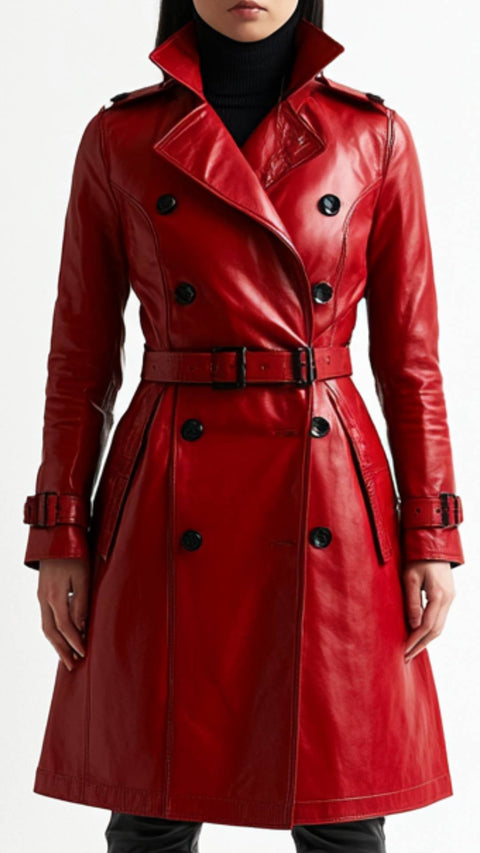 Ella Leather Red Long Coat - Women Long Coat Red