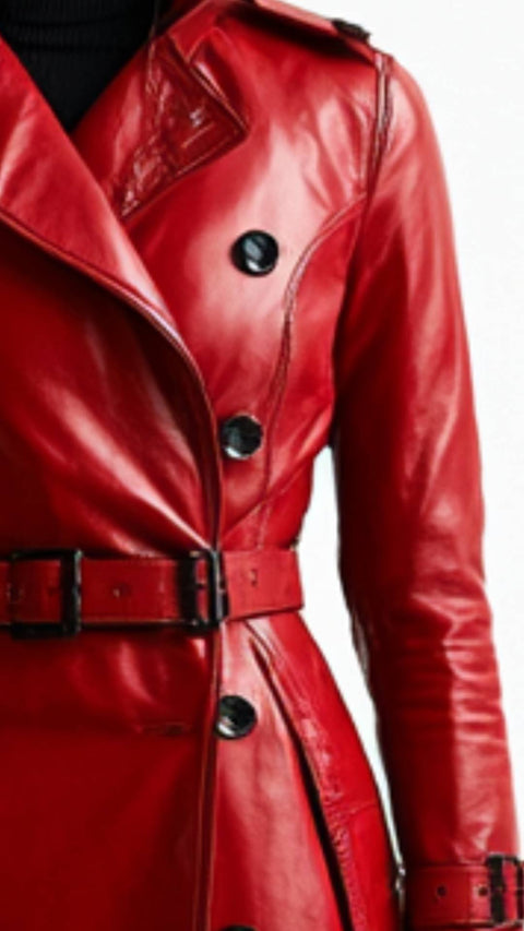 Ella Leather Red Long Coat - Women Long Coat Red