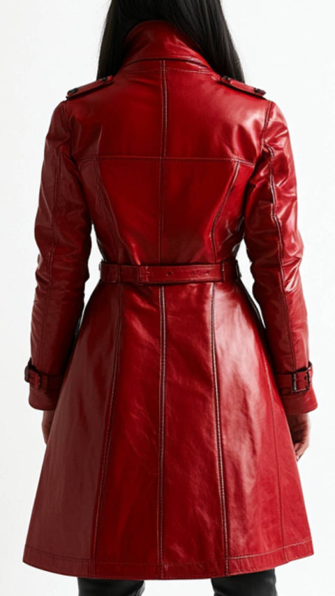 Ella Leather Red Long Coat - Women Long Coat Red