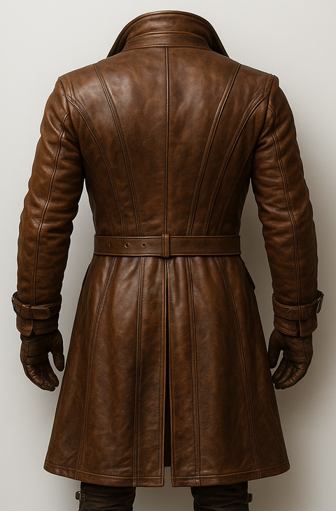 Ellis Leather Brown Long Coat - Men Long Coat Brown