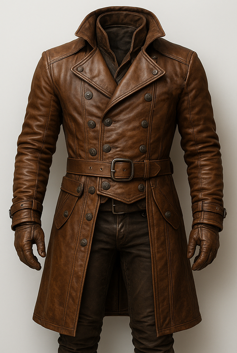 Ellis Leather Brown Long Coat - Men Long Coat Brown