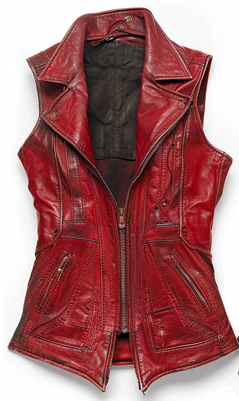 Emily Red Distressed Leather Vest for Women
