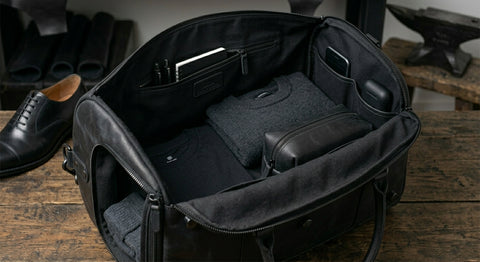 Black Leather Duffle Bag with Shoe Compartment | Travel Weekender Bag