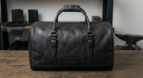 Black Leather Duffle Bag with Shoe Compartment | Travel Weekender Bag