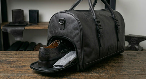 Black Leather Duffle Bag with Shoe Compartment | Travel Weekender Bag