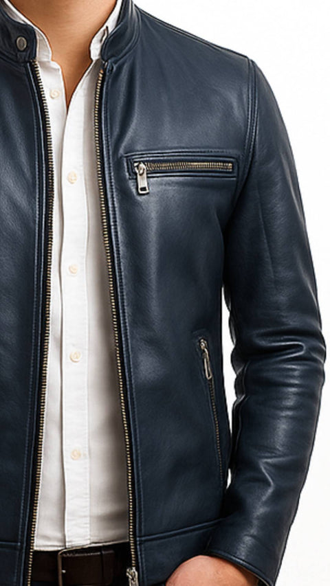 Harrison Blue Leather Jacket - Men Leather Jacket Blue