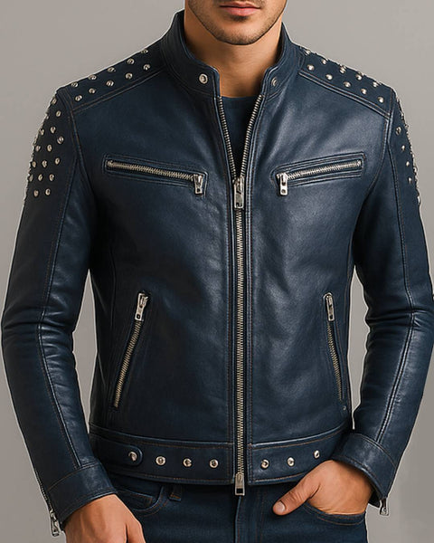Hugo Blue Leather Jacket - Men Leather Jacket Blue