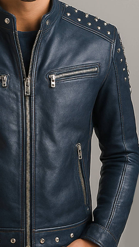 Hugo Blue Leather Jacket - Men Leather Jacket Blue