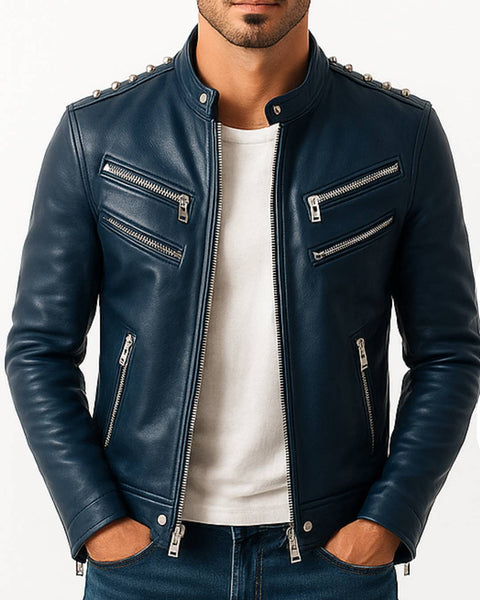 Jaxon Blue Leather Jacket - Men Leather Jacket Blue
