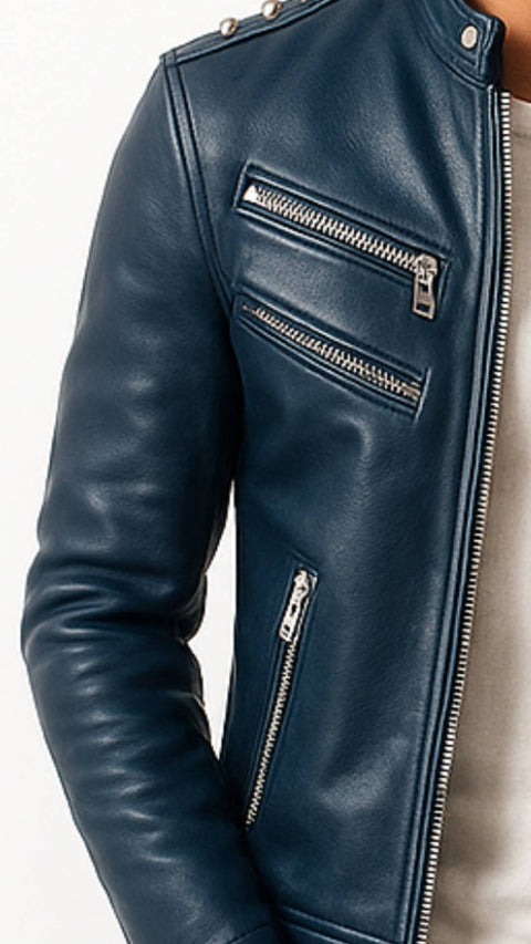 Jaxon Blue Leather Jacket - Men Leather Jacket Blue