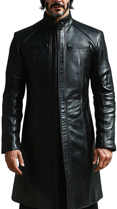 Joseph Leather Black Long Coat - Men Long Coat Black