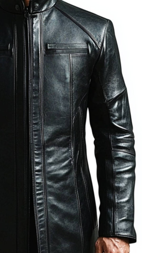 Joseph Leather Black Long Coat - Men Long Coat Black