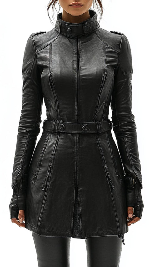 Lottie Leather Black Long Coat - Women Long Coat Black