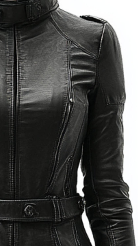 Lottie Leather Black Long Coat - Women Long Coat Black