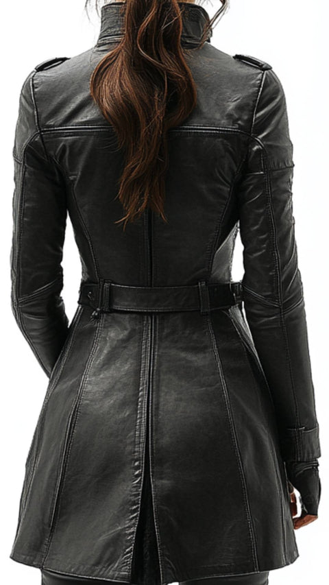 Lottie Leather Black Long Coat - Women Long Coat Black