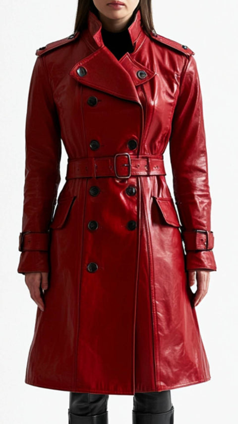 Maya Leather Red Long Coat - Women Long Coat Red