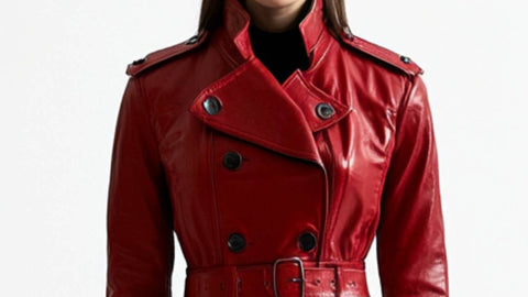 Maya Leather Red Long Coat - Women Long Coat Red