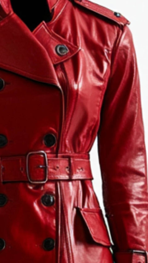 Maya Leather Red Long Coat - Women Long Coat Red