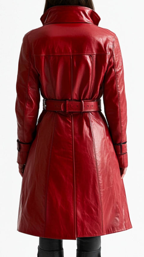 Maya Leather Red Long Coat - Women Long Coat Red