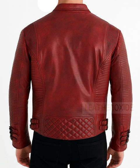 Men Red Phantom Biker Distressed Leather Jacket