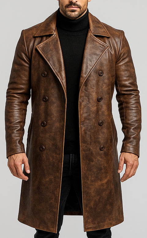 Men Brown Distressed Leather Trench Coat