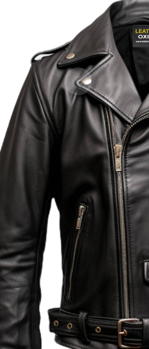 Men Black Biker Genuine Leather Jacket - Biker Jacket Black