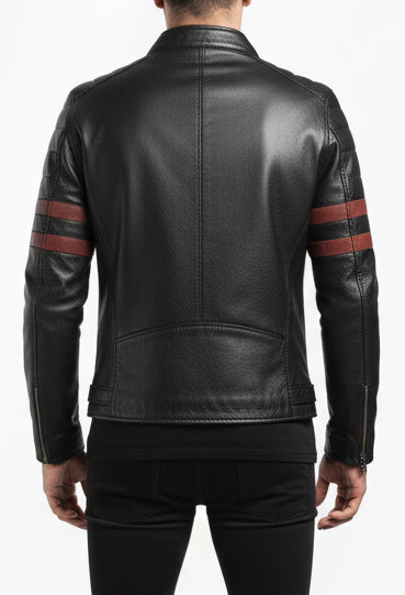 Men Black Biker Stripes Leather Jacket