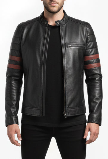 Men Black Biker Stripes Leather Jacket