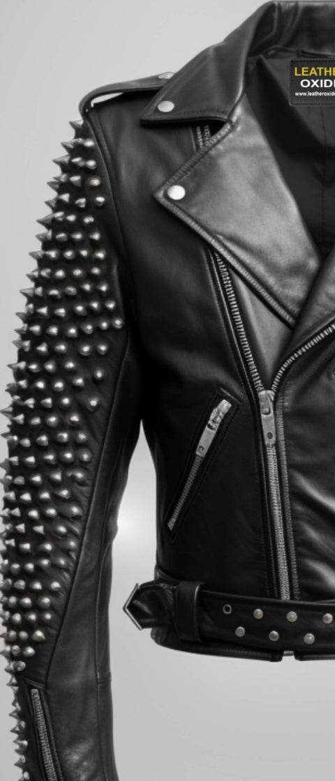 Men Black Biker Studded Leather Jacket