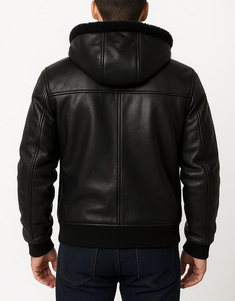 Men Black Bomber Hooded Fur Leather Jacket